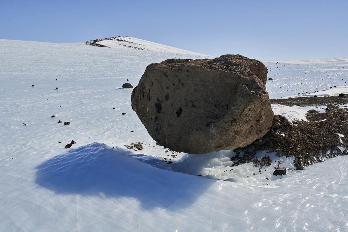 A glacial erratic, or a rock transported by a glacier and then left behind, balances near the Allan Hills of Antarctica. Van Coller has traveled across most of the Earth photographing paleoclimatology, which was the basis for a 2018 Guggenheim Award.  Ian van Coller